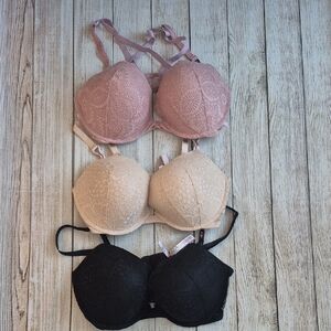 NWT Victorias Secret Set Of 3 Push Up Bras Pink Beige Black Lace 38D